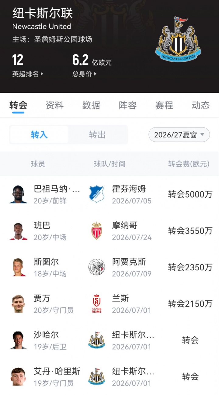 纽卡斯尔夏窗操作：1.88亿卖出托纳利+戈登，1.3亿买入四位U20新星